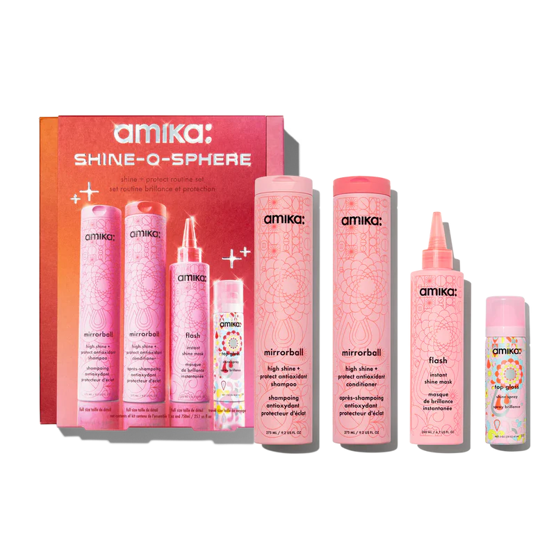 Amika Shine-O-Sphere Kit - Mirrorball Shampoo 9.2oz Mirrorball Conditioner 9.2oz Flash Mask 6.7oz Top Gloss Spray 1oz