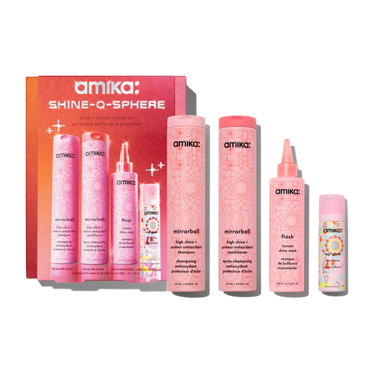 Amika Shine-O-Sphere Kit - Mirrorball Shampoo 9.2oz Mirrorball Conditioner 9.2oz Flash Mask 6.7oz Top Gloss Spray 1oz