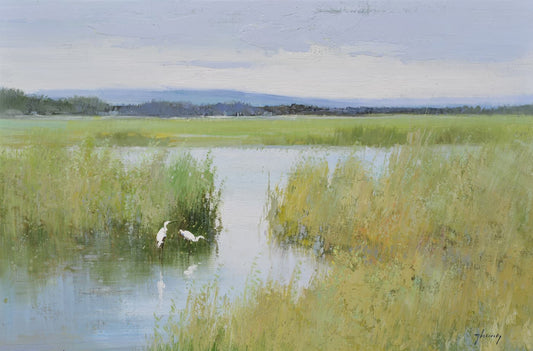 Original Oil Painting of Marsh with egrets