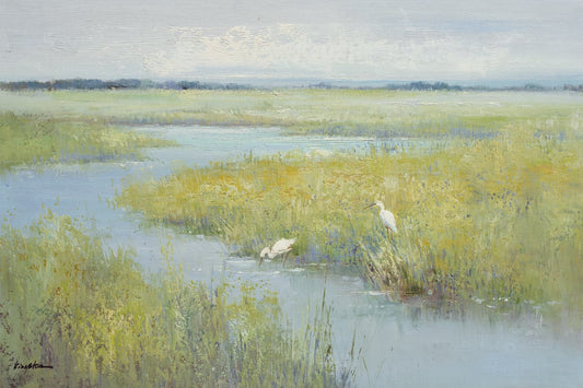 Original Oil Painting of Egrets In Water