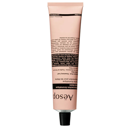 Aesop Resurrection Hand Balm in an amber tube, moisturizing and soothing dry hands.