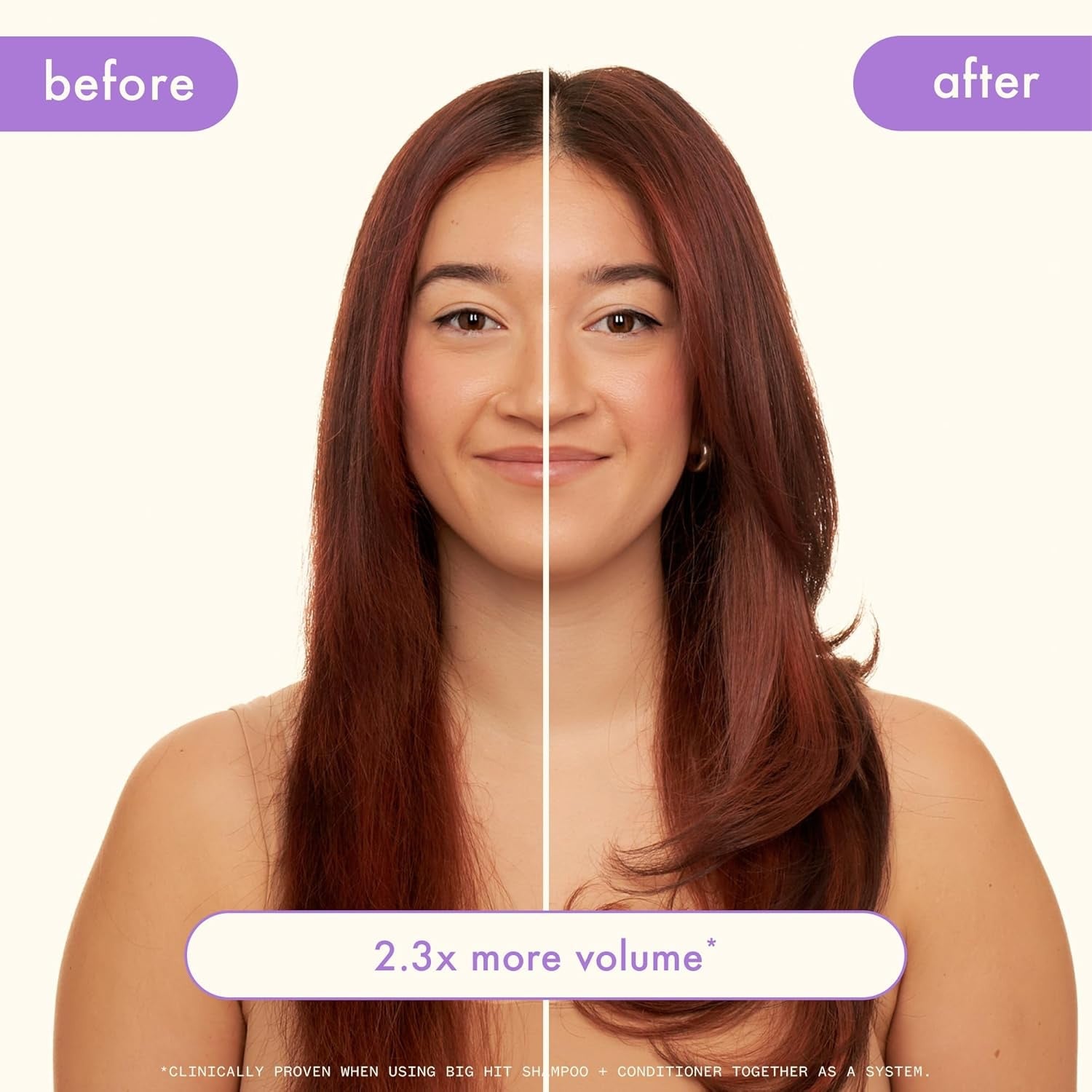 Amika Big Hit Volumizing Shampoo before and after results showing fuller, voluminous hair