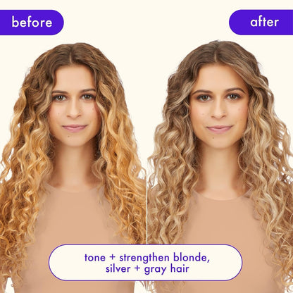 Amika Bust Your Brass Cool Blonde Conditioner before and after results showing toned, strengthened hair
