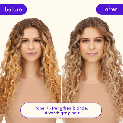 Amika Bust Your Brass Mask before and after results showing toned, strengthened hair