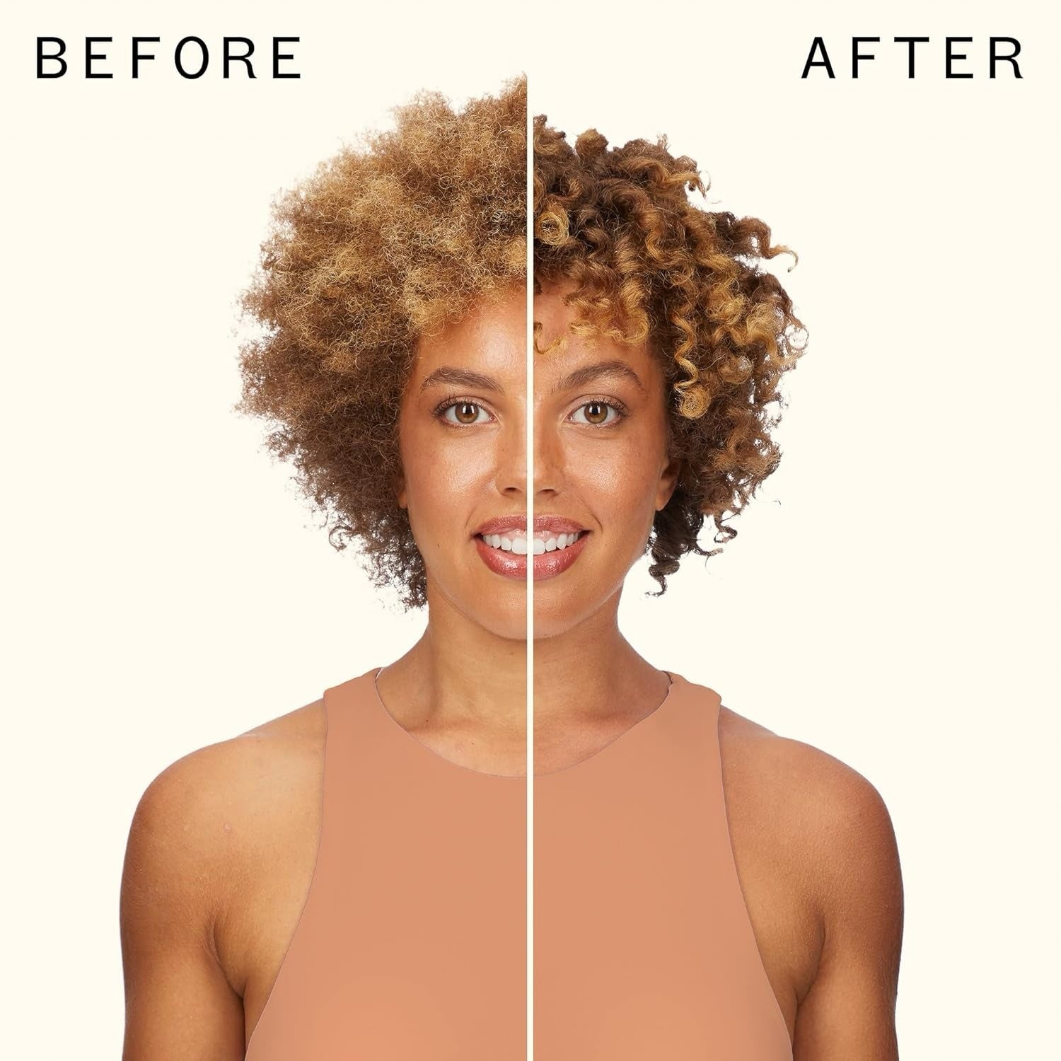 Amika Curl Corps Defining Cream before and after results showing defined, frizz-free curls