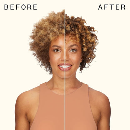 Amika Curl Corps Defining Cream before and after results showing defined, frizz-free curls