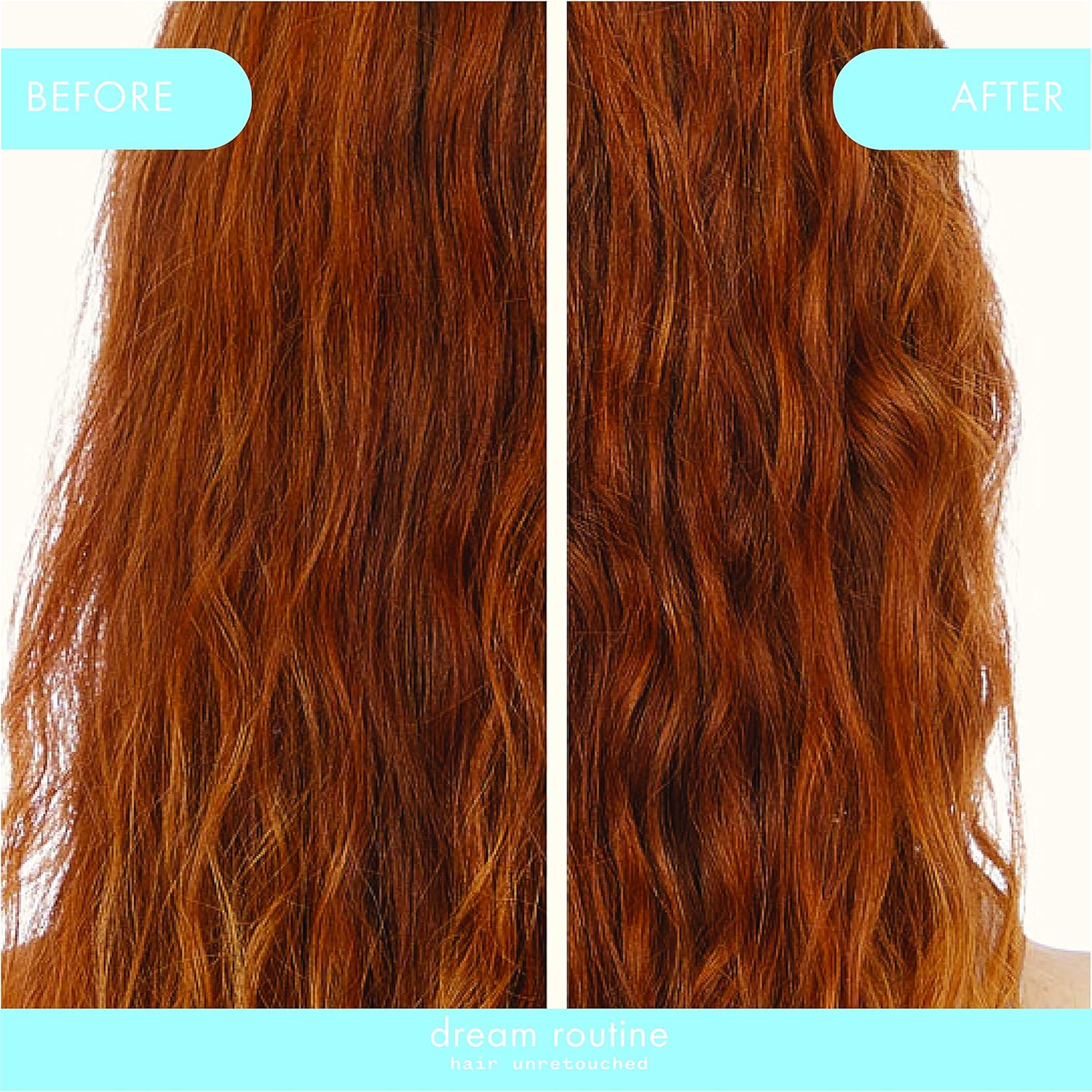Amika Dream Routine Overnight Hydrating Hair Mask before and after results showing hydrated, restored hair