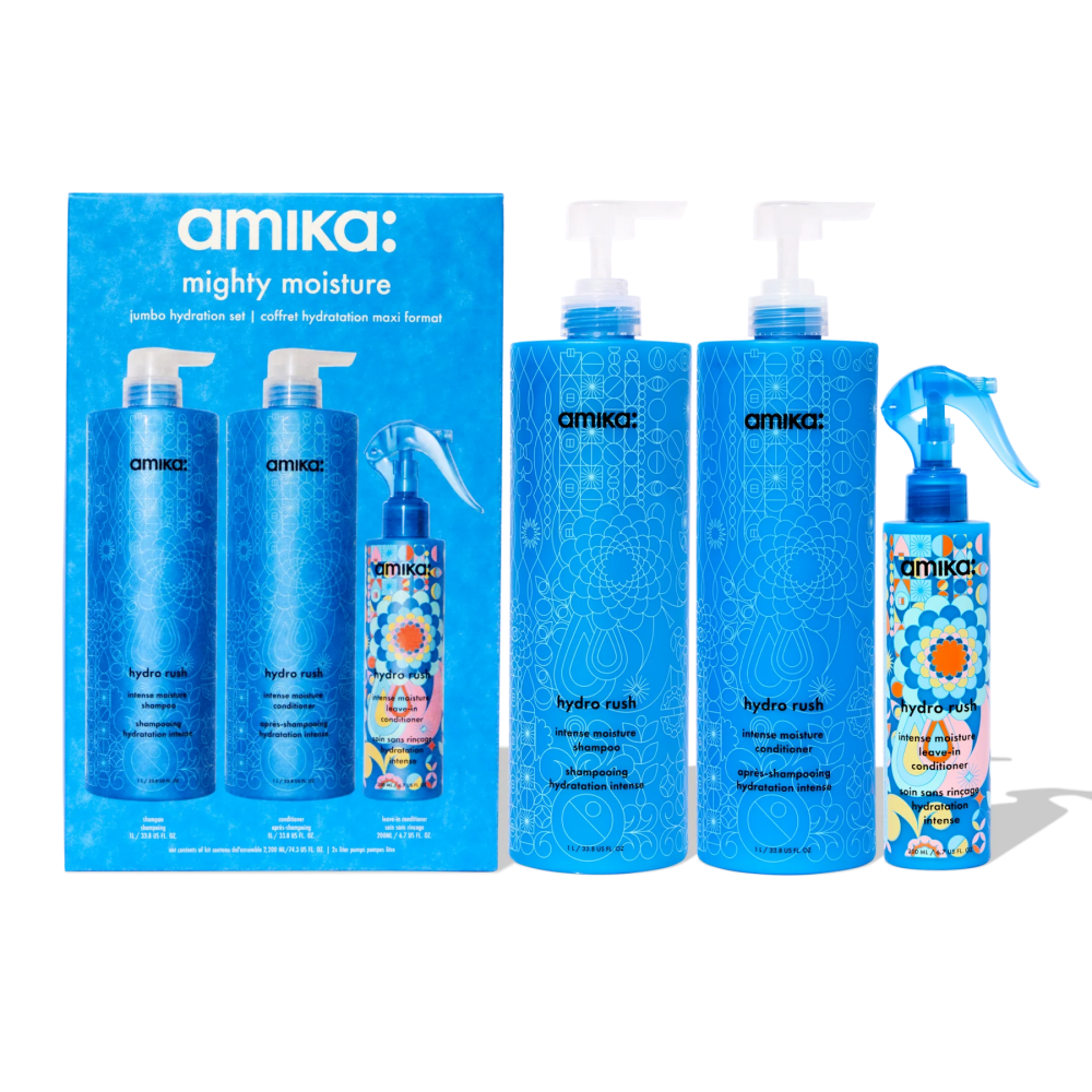 Amika Mighty Moisture Jumbo Hydration Set – collection of hydrating hair care products for deep moisture