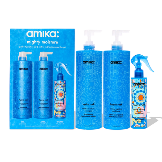 Amika Mighty Moisture Jumbo Hydration Set – collection of hydrating hair care products for deep moisture