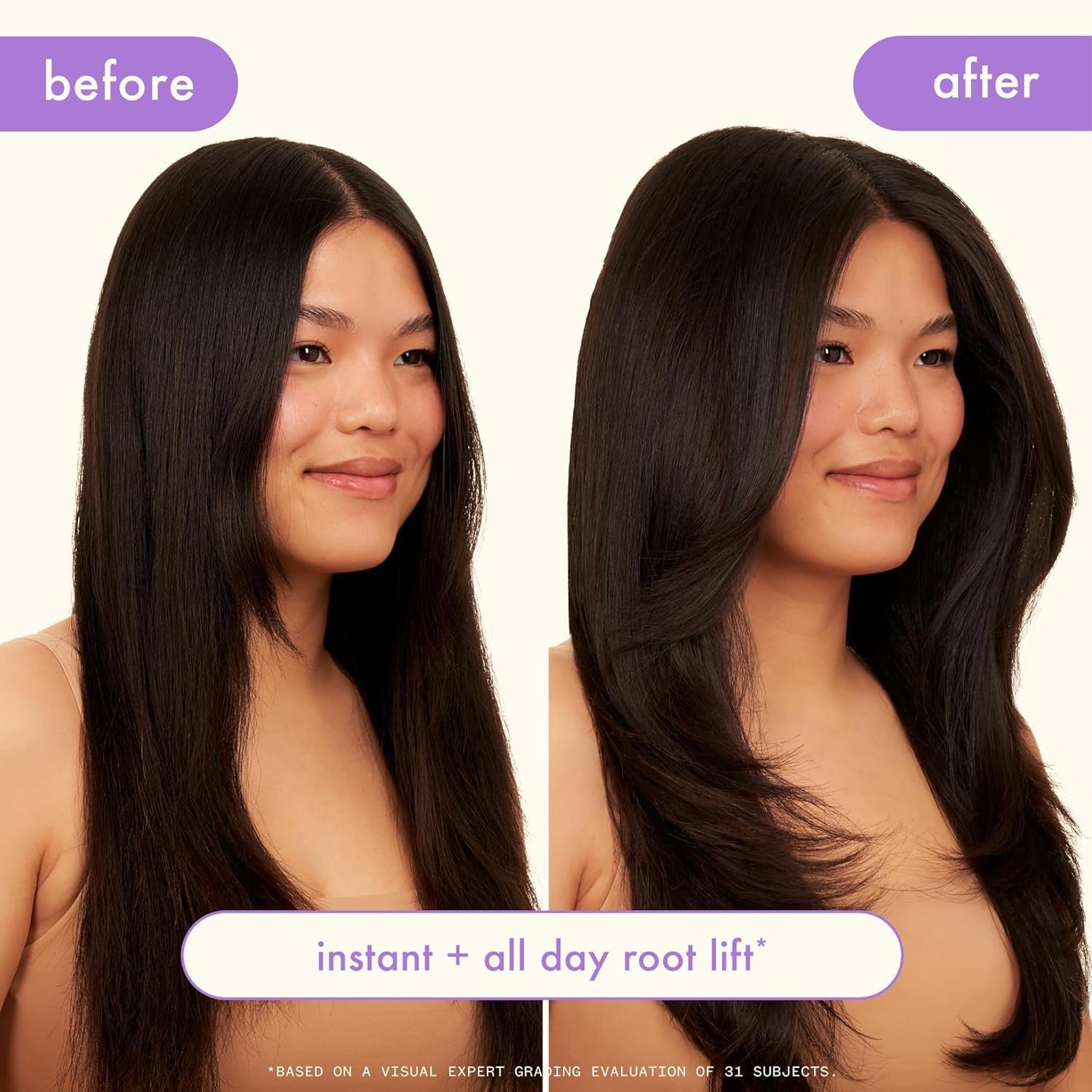 Amika Rising Star Spray before and after – fuller, shinier hair.