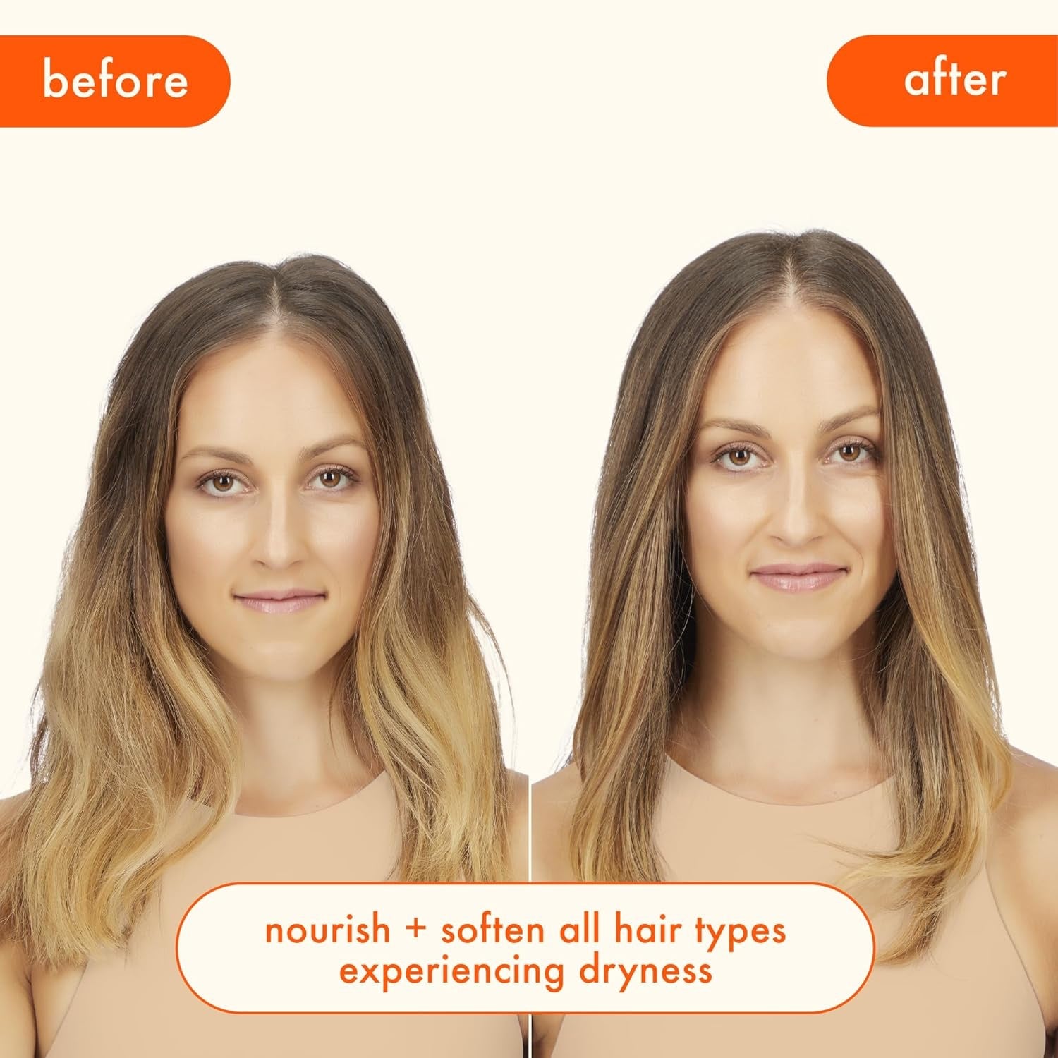 Amika Soulfood Mask before and after – softer, smoother hair.