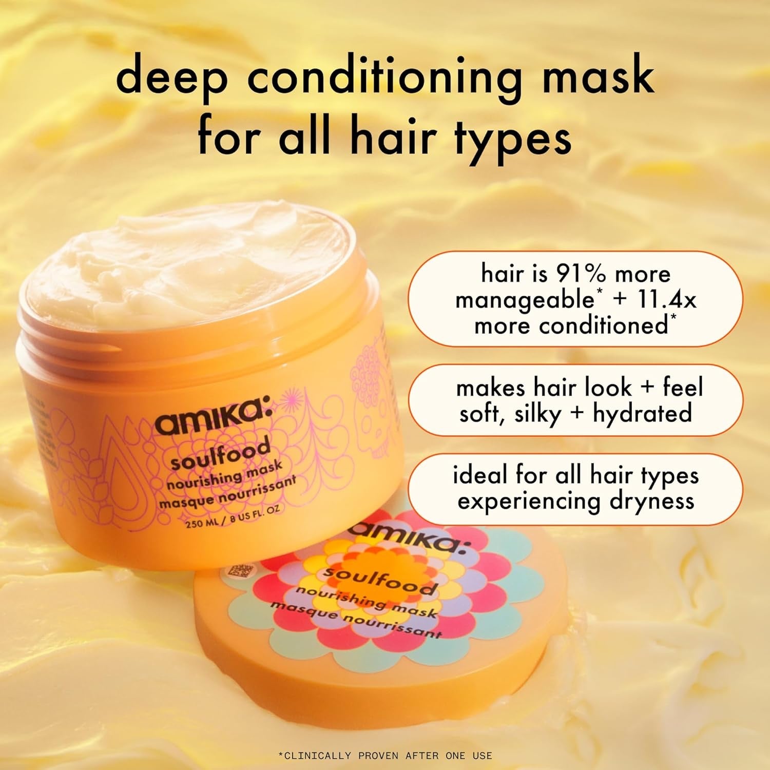 Amika Soulfood Mask benefits – hydrates, repairs, softens hair.