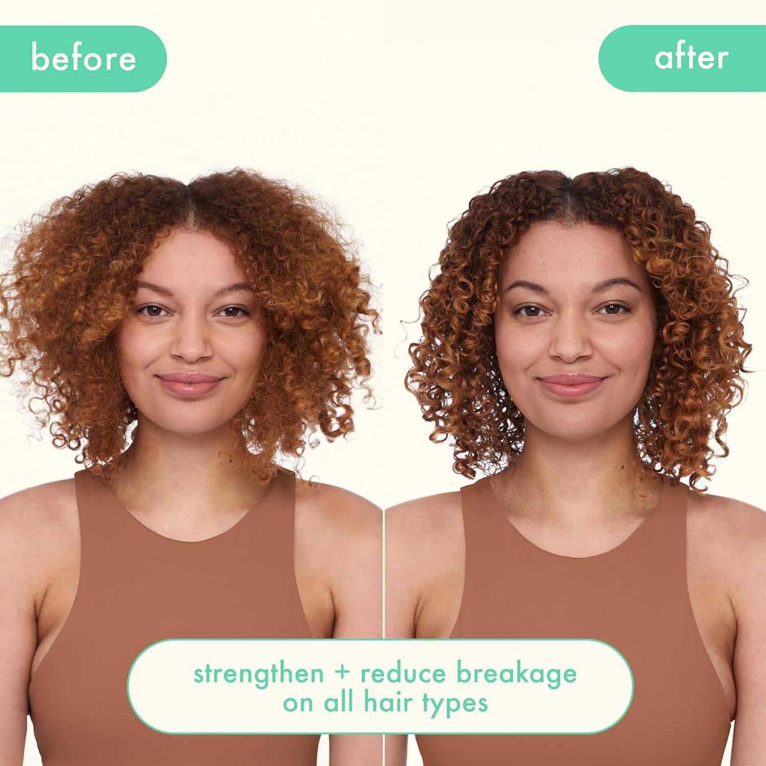 Before and after using Amika The Kure Repair Conditioner – visible hair repair and improved strength.
