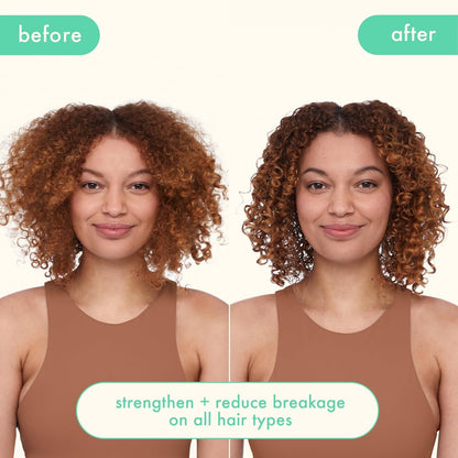 Before and after using Amika The Kure Repair Conditioner – visible hair repair and improved strength.