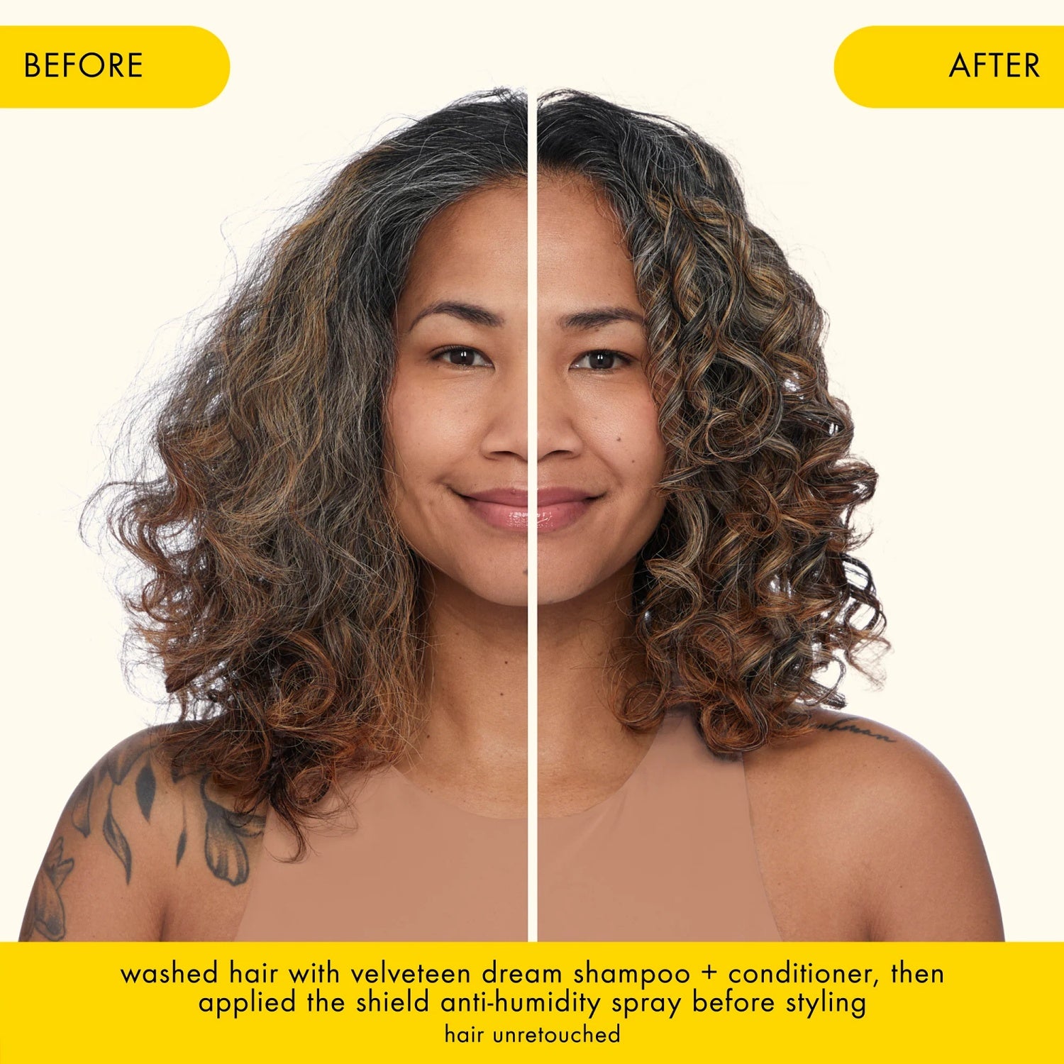 Amika Velveteen Dream Smoothing Shampoo – before and after frizz control results.