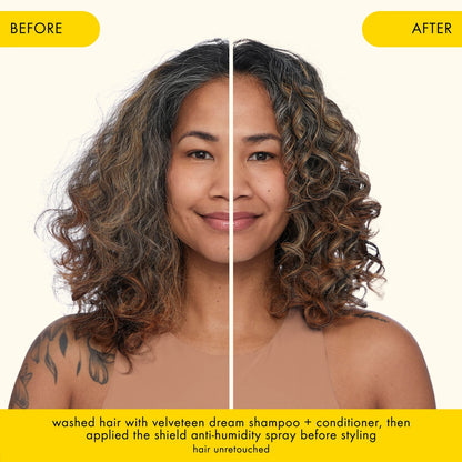 Amika Velveteen Dream Smoothing Shampoo – before and after frizz control results.