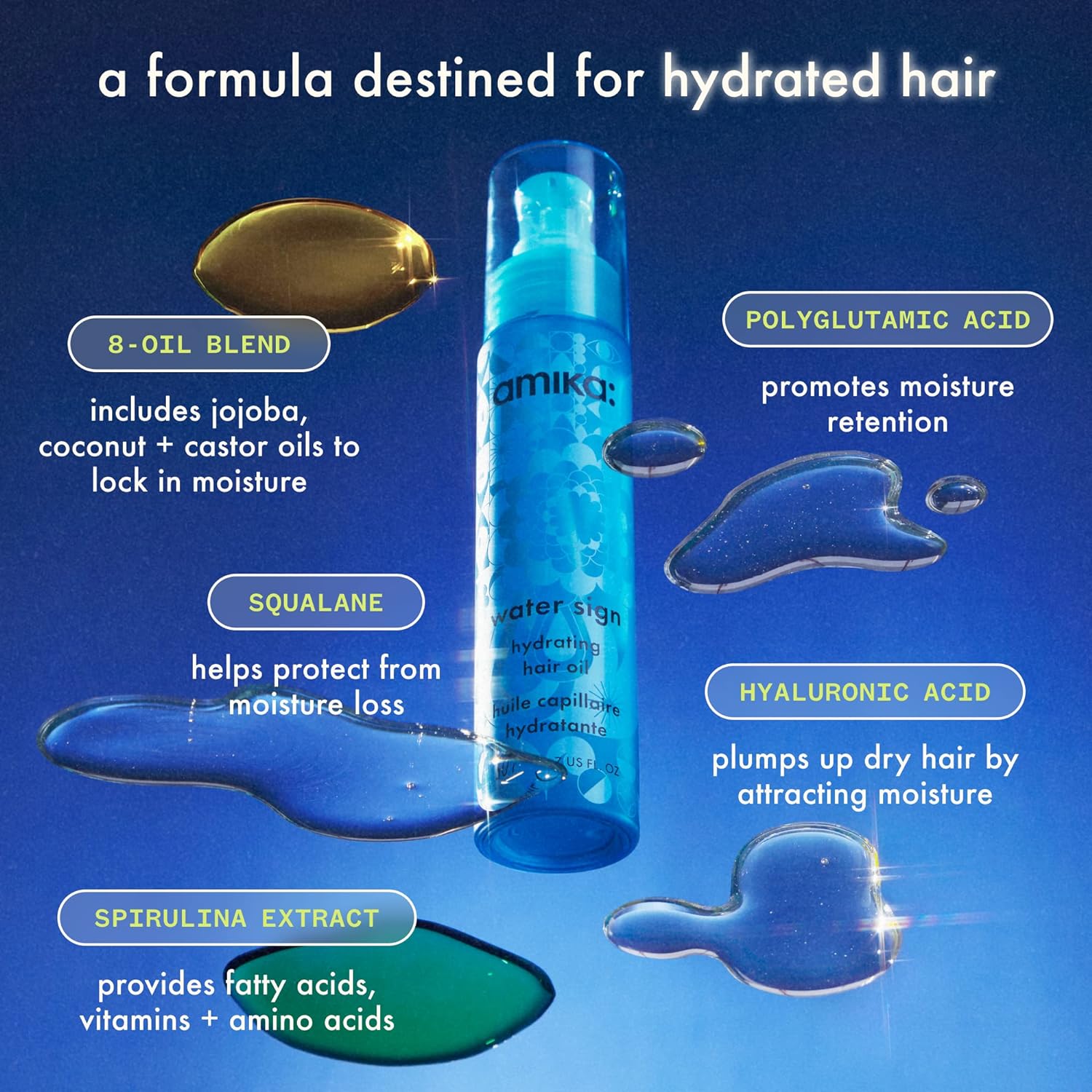 Amika Water Sign Hydrating Hair Oil with Hyaluronic Acid 1.7 Oz - Formula