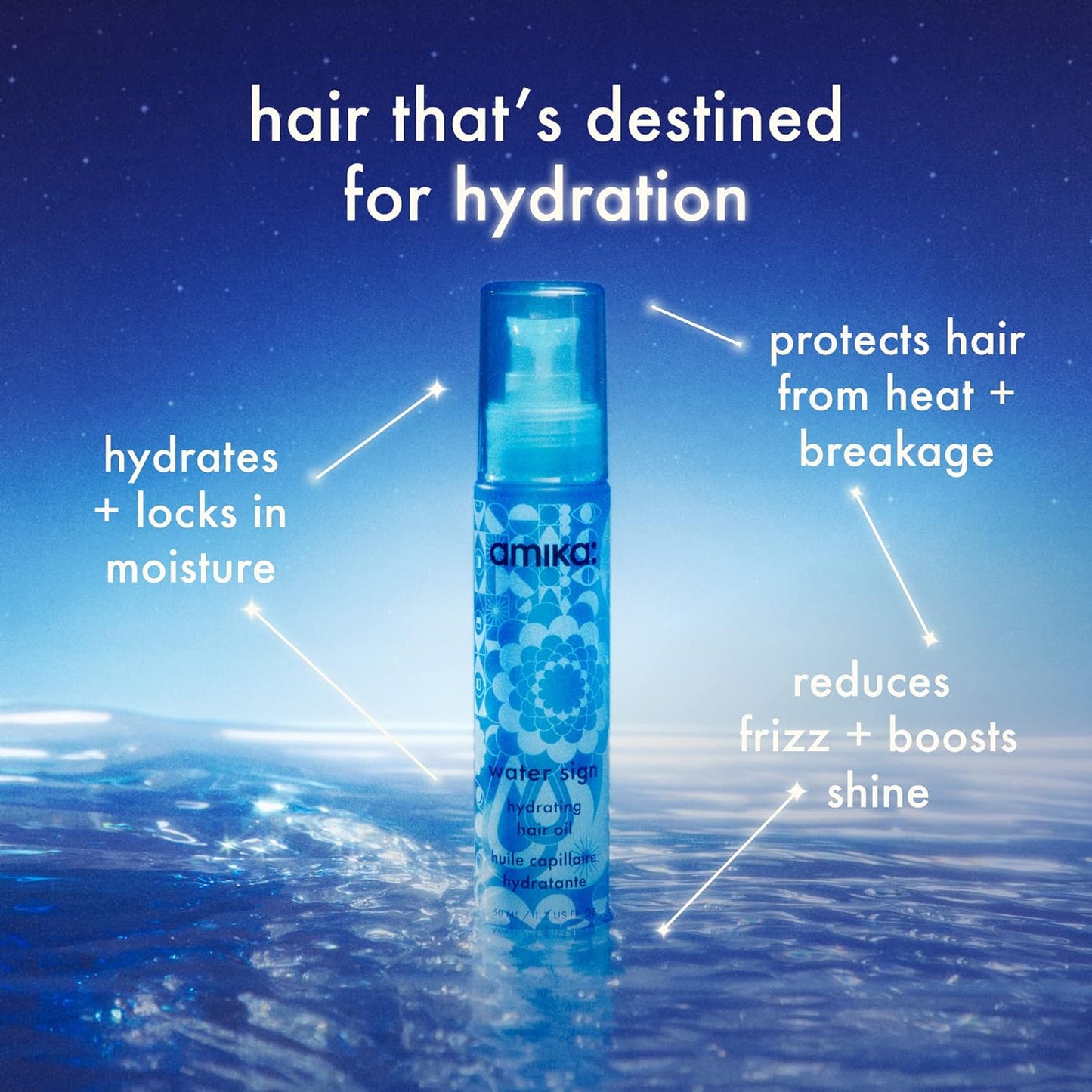 Amika Water Sign Hair Oil 1.7 oz – hydrating and smoothing treatment.
