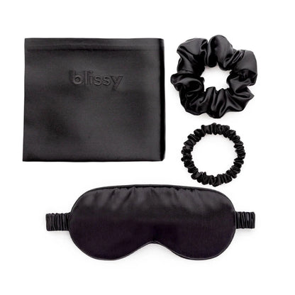 Blissy Dream Set Black featuring silk pillowcase and sleep mask for smooth hair and healthy skin
