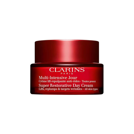 Clarins Super Restorative Day Cream SPF 15 for all skin types, 1.7 oz jar for anti-aging hydration and sun protection