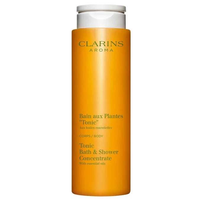 Clarins Tonic Bath and Shower Concentrate 6.7 oz bottle with aromatic plant extracts for an invigorating cleanse