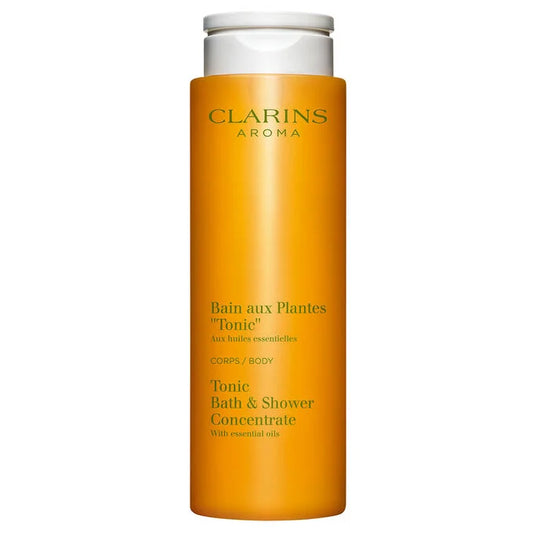 Clarins Tonic Bath and Shower Concentrate 6.7 oz bottle with aromatic plant extracts for an invigorating cleanse