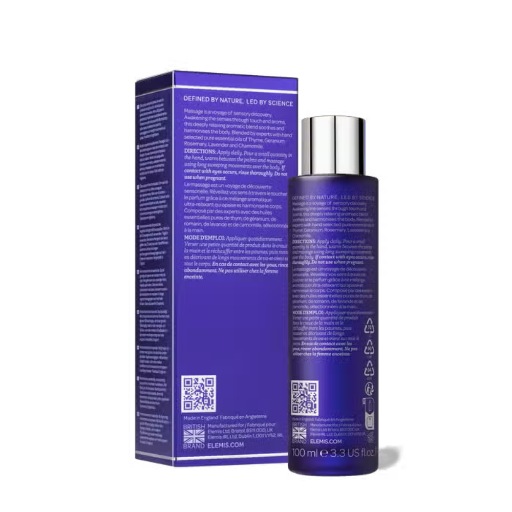 Bottle of Elemis De-Stress Massage Oil 100ml for relaxation and skin nourishment.