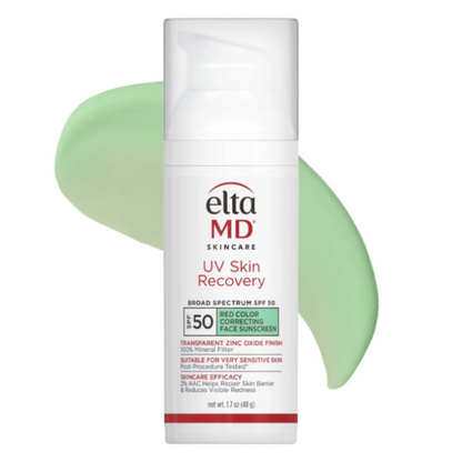 EltaMD UV Skin Recovery Red Color Correcting Green Tint SPF 50 – calming sunscreen for redness and sun protection.