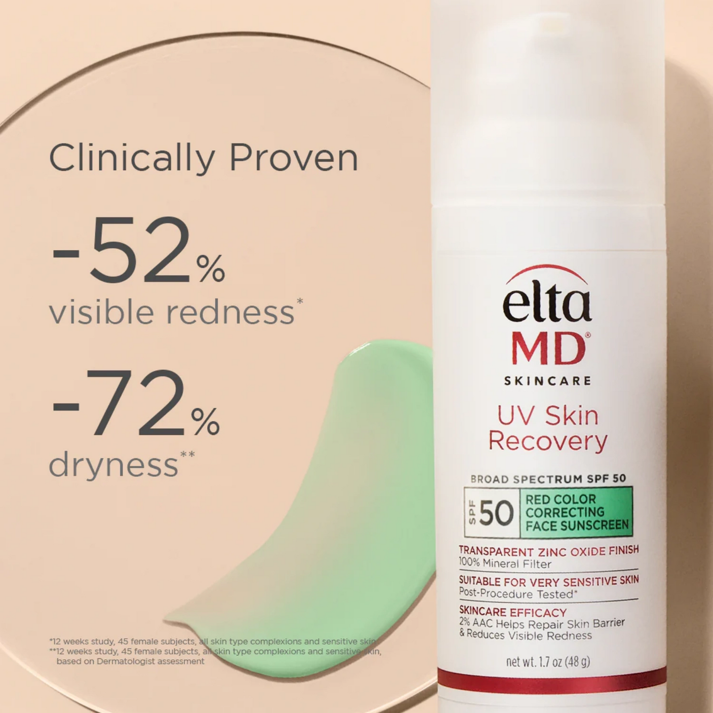 EltaMD UV Skin Recovery Green Tint SPF 50 – redness correcting and sun protection cream.