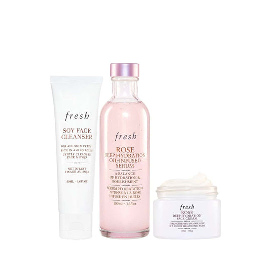 Fresh 3-Step Hydration Heroes Set featuring cleanser, serum, and cream for deep hydration