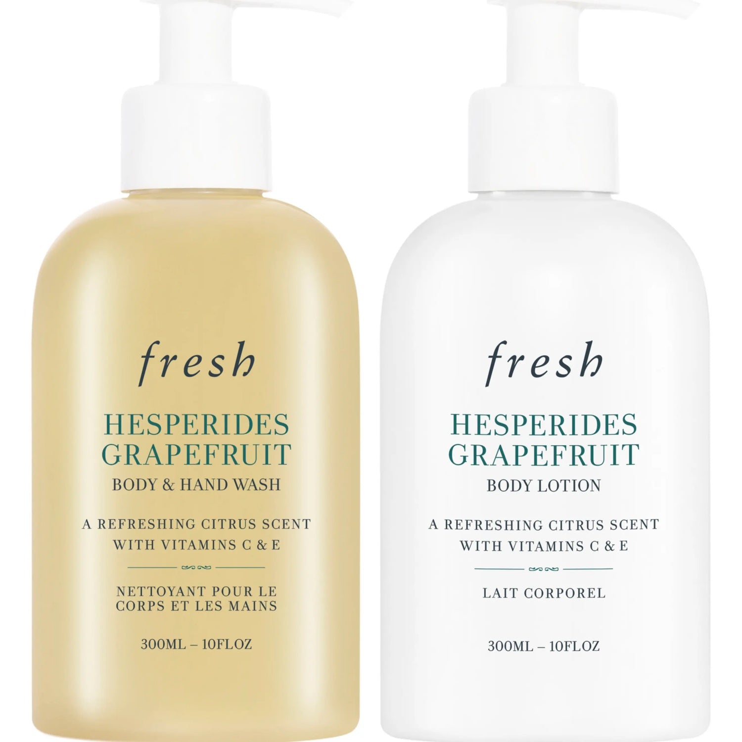 Fresh Hesperides Grapefruit Citrus Sensations Shower Gel and Lotion 10 Oz Set for revitalizing and moisturizing skin with citrus scent.