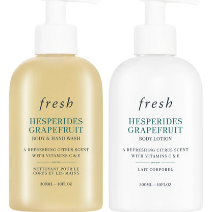 Fresh Hesperides Grapefruit Citrus Sensations Shower Gel and Lotion 10 Oz Set for revitalizing and moisturizing skin with citrus scent.