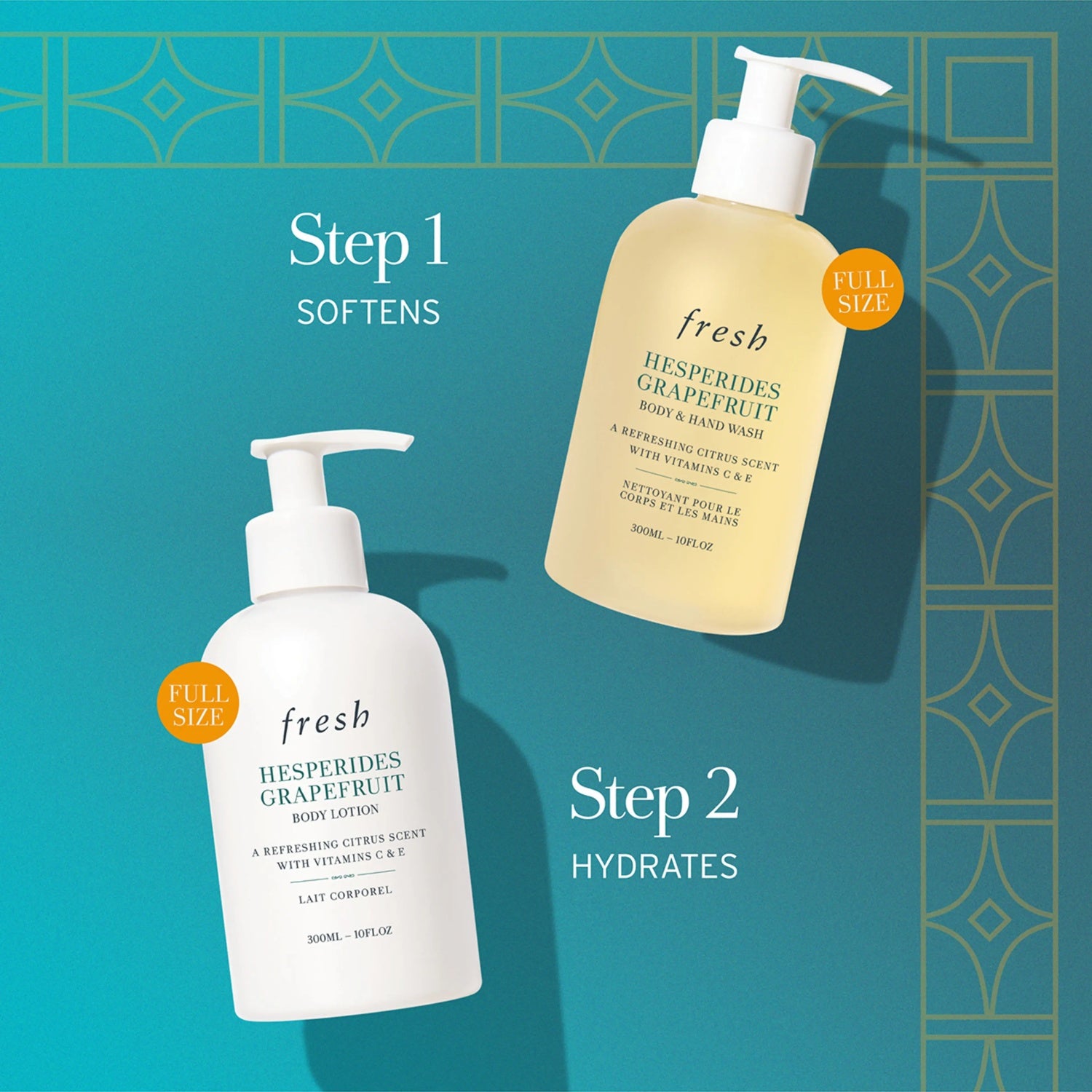 Fresh Hesperides Grapefruit Citrus Sensations Set with Shower Gel and Lotion 10 Oz for citrus-infused hydration and skin refreshment.