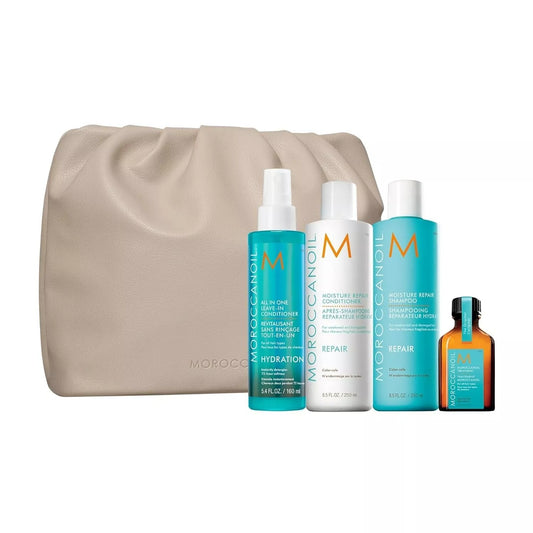 Moroccanoil Holiday Repair Hair Set with teal pouch and hair care essentials.