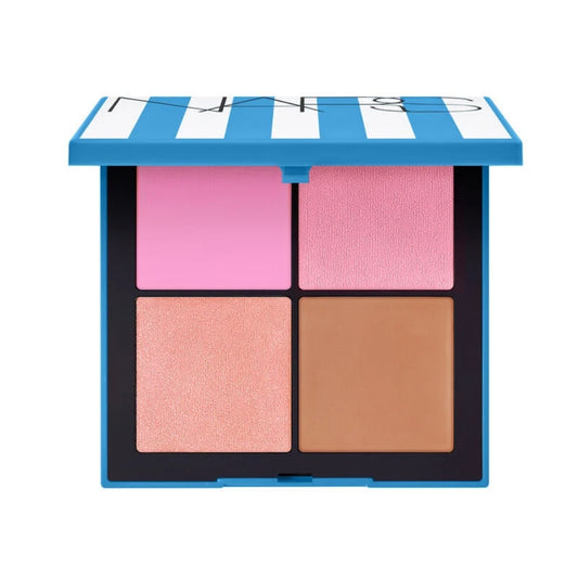NARS Hot Escape Cheek Palette compact with four shades of blush, bronzer, and highlighter in a striped case.