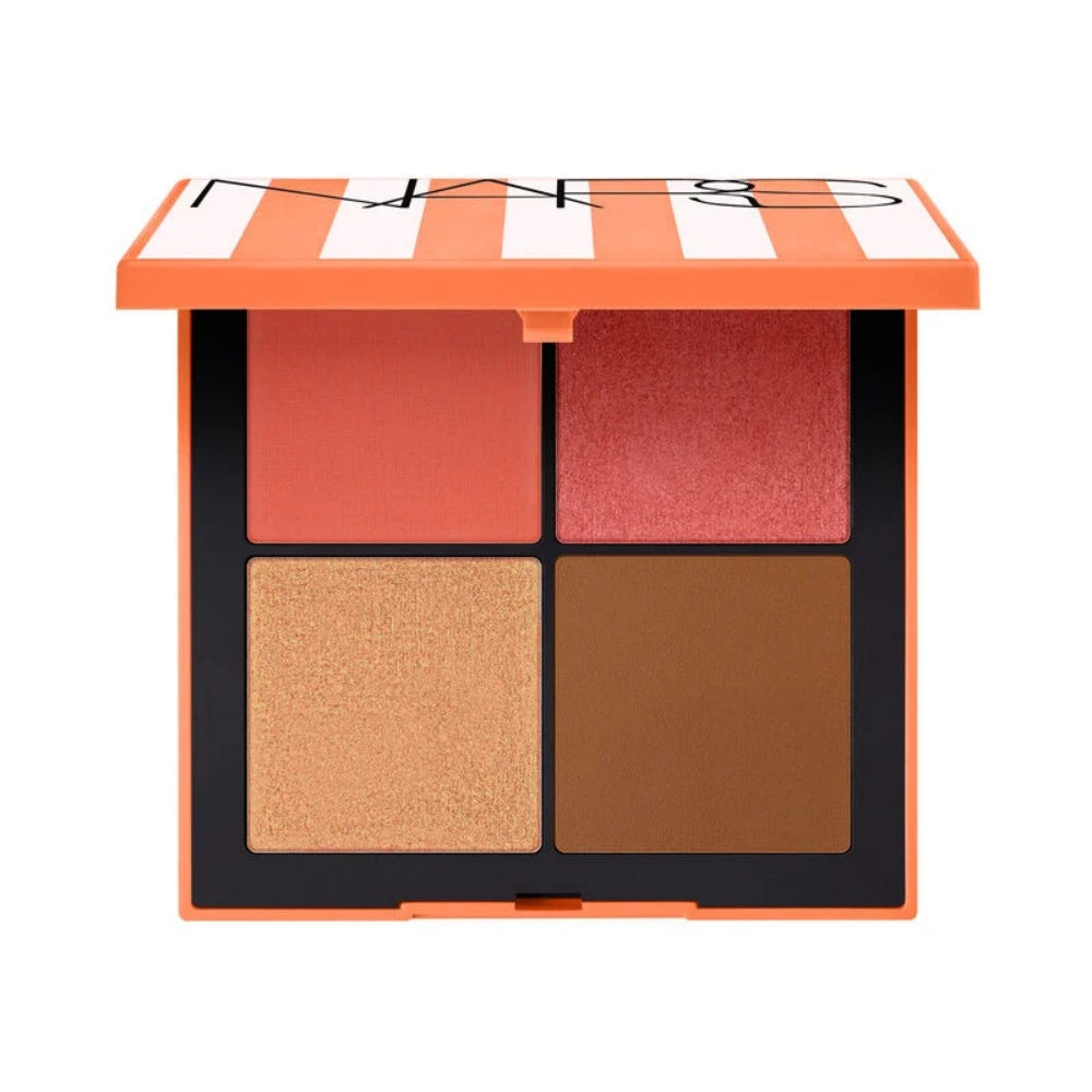 NARS Hot Escape Cheek Palette with four shades: blushes, bronzer, and highlighter in a striped case.