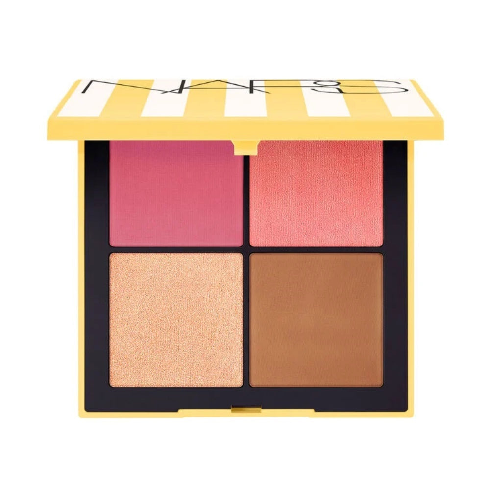 NARS Hot Escape Cheek Palette with matte and shimmer blushes, bronzer, and highlighter in striped compact.