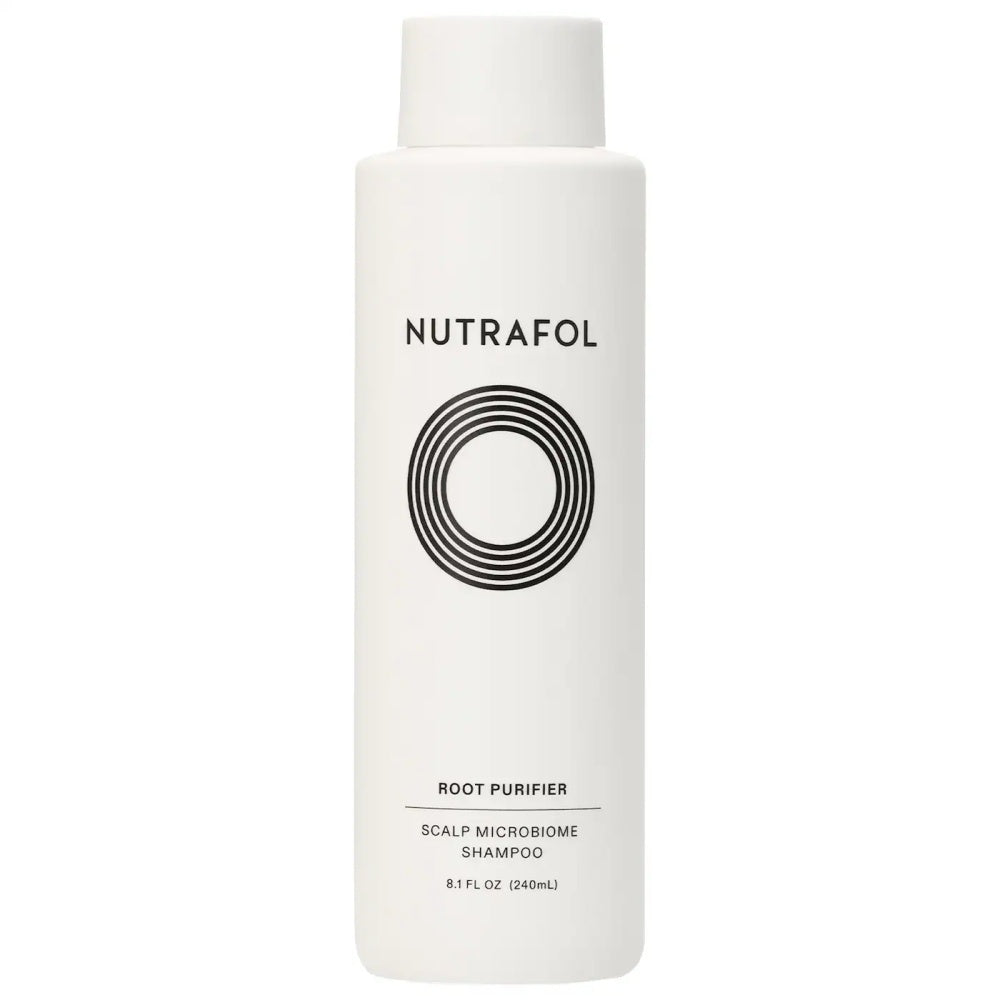 Nutrafol Root Purifier Scalp Microbiome Shampoo bottle for scalp health and cleansing.