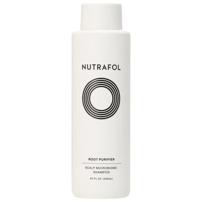Nutrafol Root Purifier Scalp Microbiome Shampoo bottle for scalp health and cleansing.