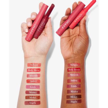 Swatches of RMS Beauty Legendary Serum Lipstick shades on arm showing creamy, vibrant colors