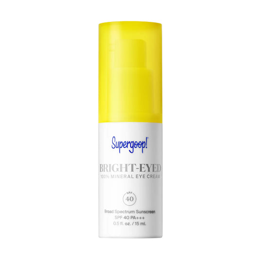 Supergoop Bright-Eyed 100 Mineral Eye Cream SPF 40 0.5 OZ packaging with product tube and box on white background at Nava Beauty Store









