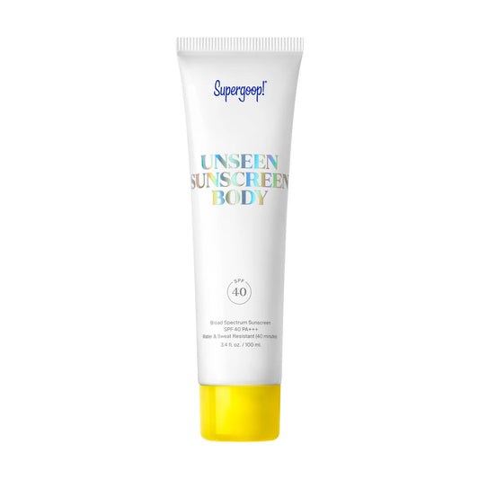 Supergoop Unseen Sunscreen Body SPF 40 3.4 OZ clear, lightweight sun protection for body.








