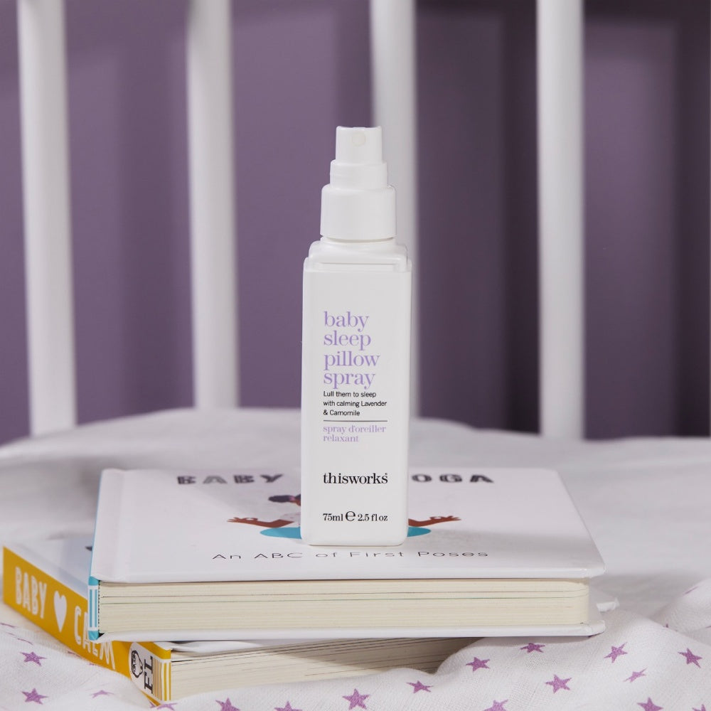 This Works Baby Sleep Pillow Spray 2.5oz bottle designed for a soothing bedtime routine.
