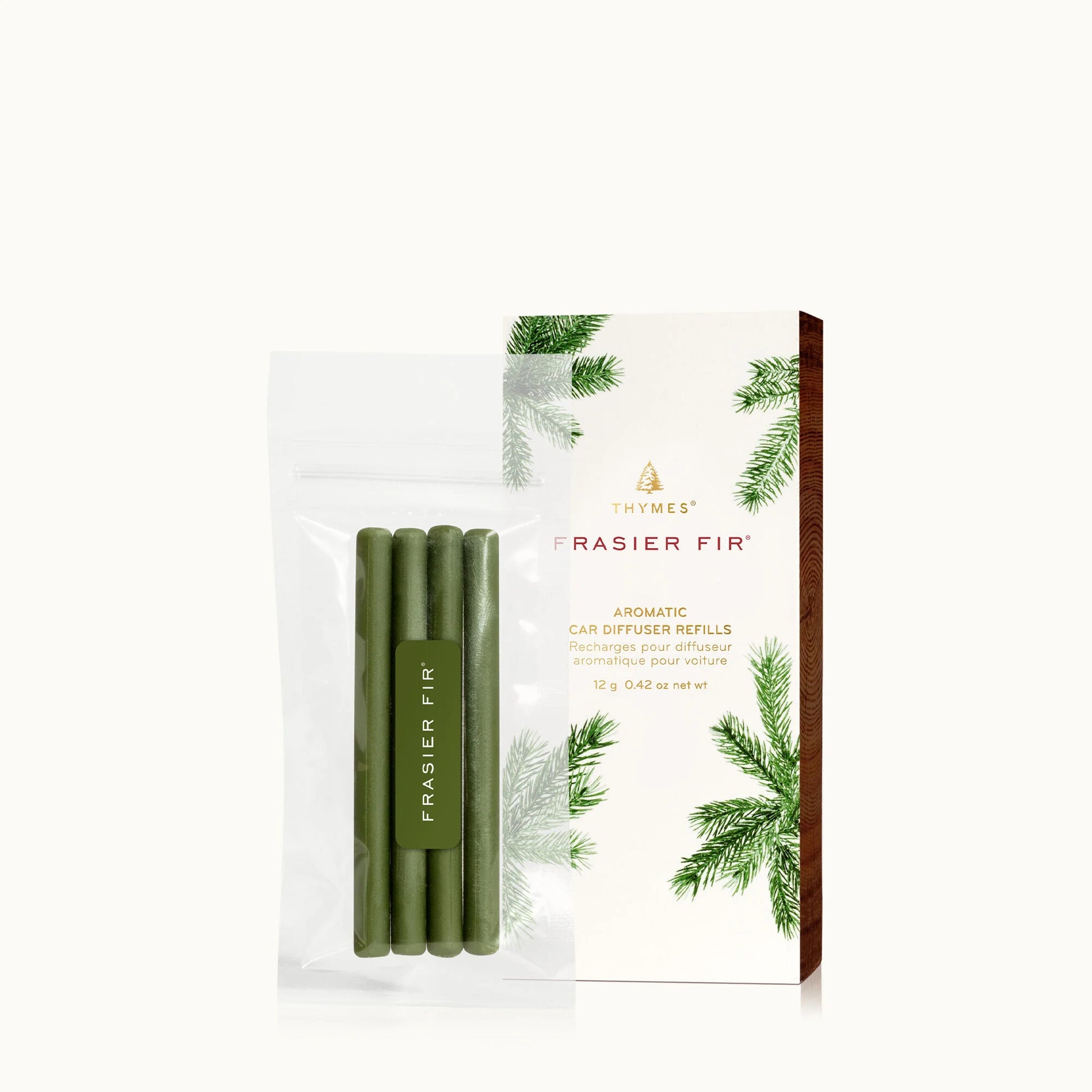 Thymes Frasier Fir Car Diffuser Refill – refreshing pine scent for cars.