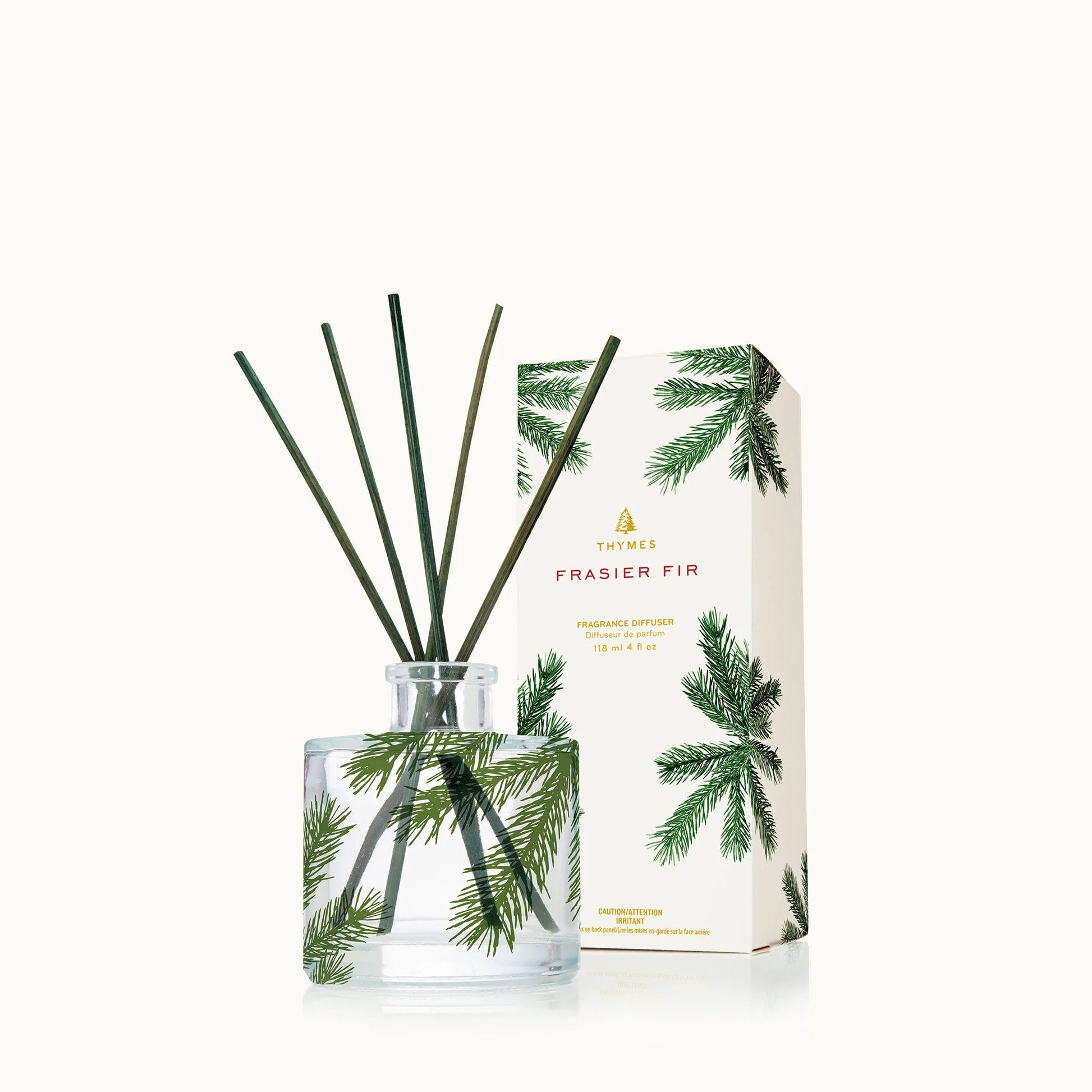 Thymes Frasier Fir Petite Pine Needle Reed Diffuser 4.0 FL OZ bottle with natural reeds and fresh pine scent