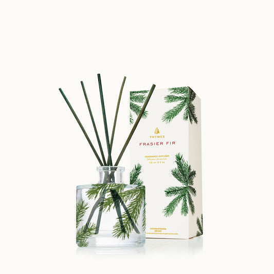 Thymes Frasier Fir Petite Pine Needle Reed Diffuser 4.0 FL OZ bottle with natural reeds and fresh pine scent